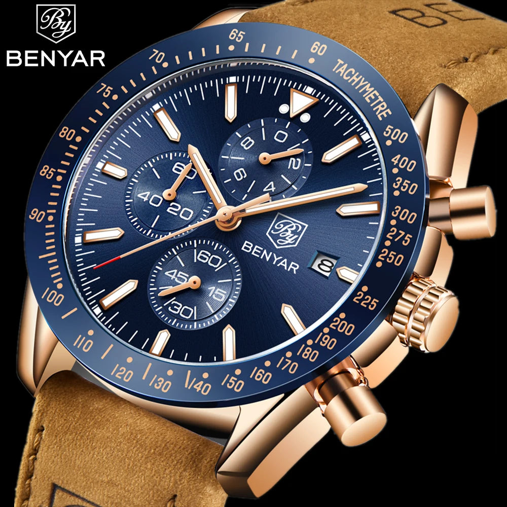 BENYAR BY-5140M Waterproof Men Quartz Watches Top Brand Leather