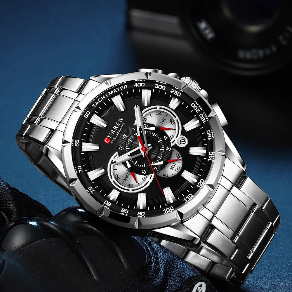 CURREN 8363 de acero inoxidable silver black
