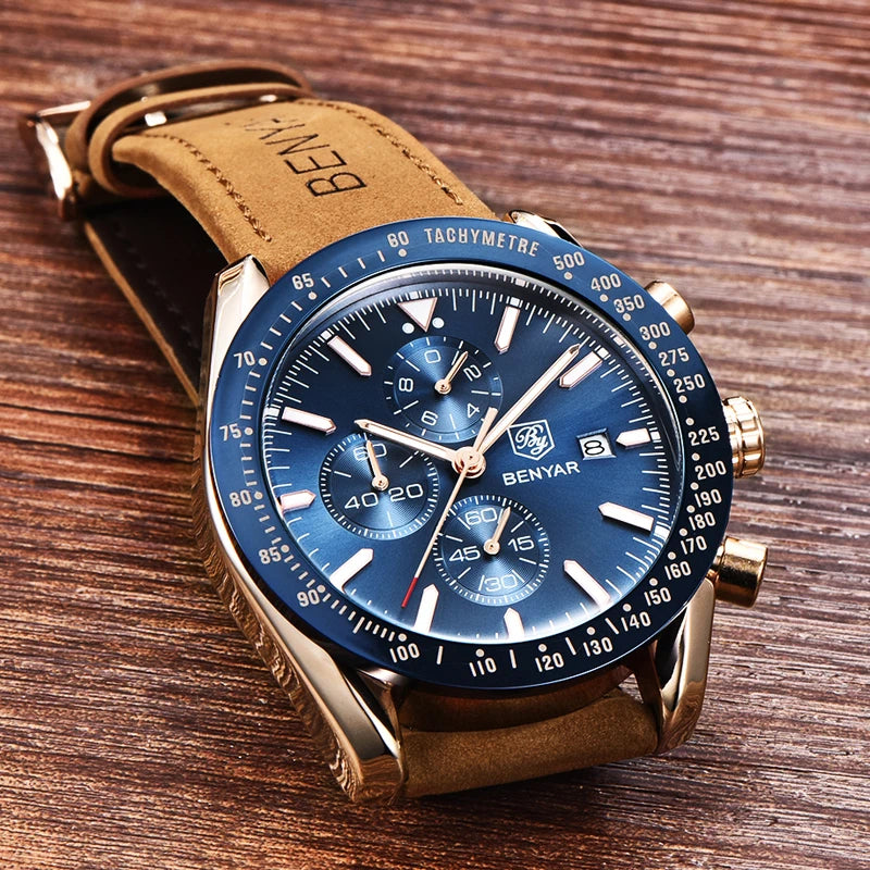 BENYAR BY-5140M Waterproof Men Quartz Watches Top Brand Leather