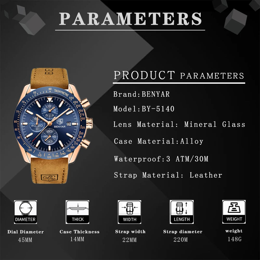 BENYAR BY-5140M Waterproof Men Quartz Watches Top Brand Leather