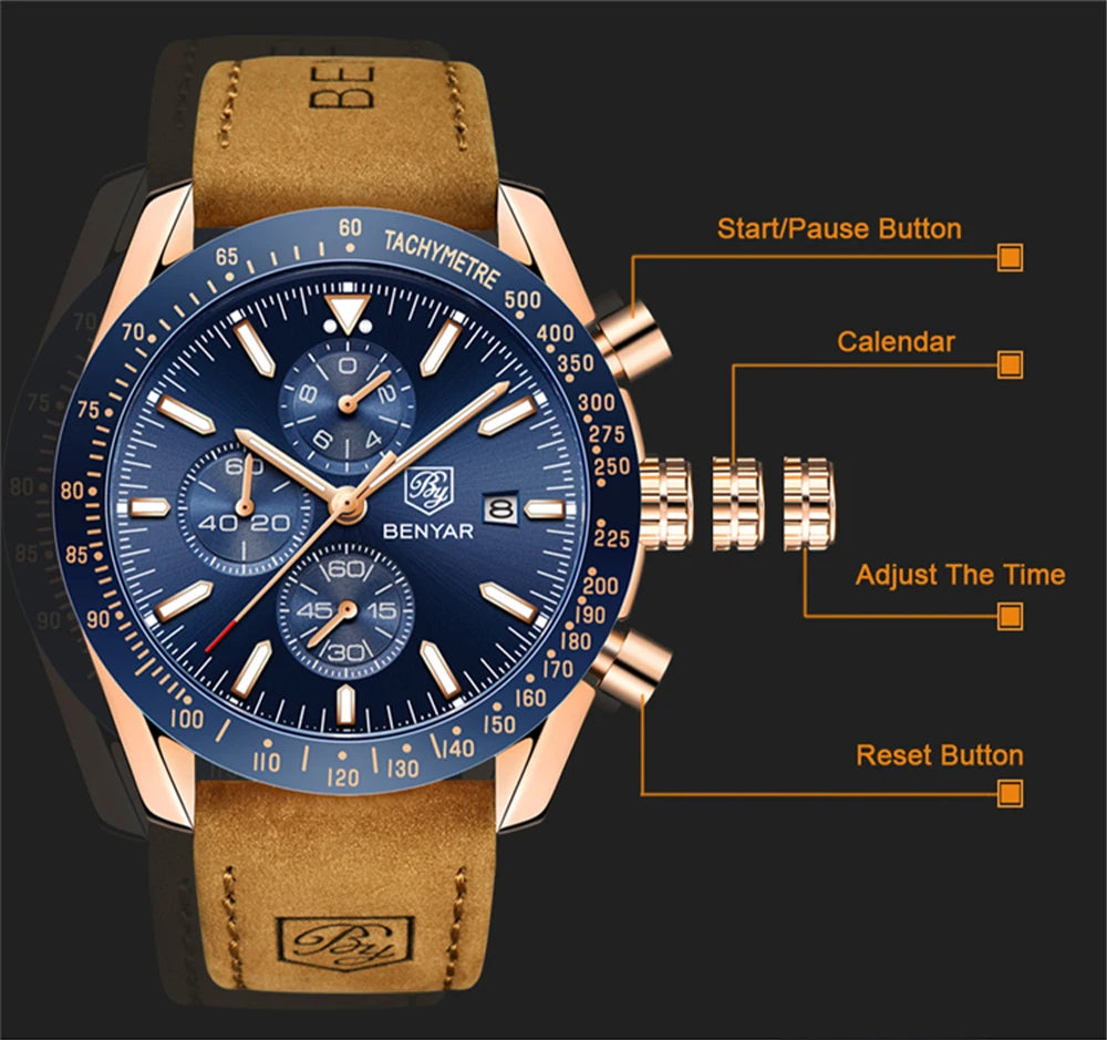 BENYAR BY-5140M Waterproof Men Quartz Watches Top Brand Leather