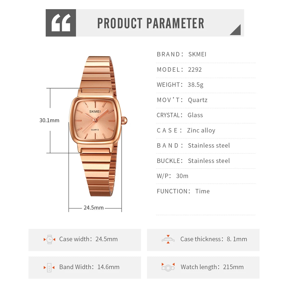 SKMEI 2292 Women's Minimalist Square Watch  rose gold