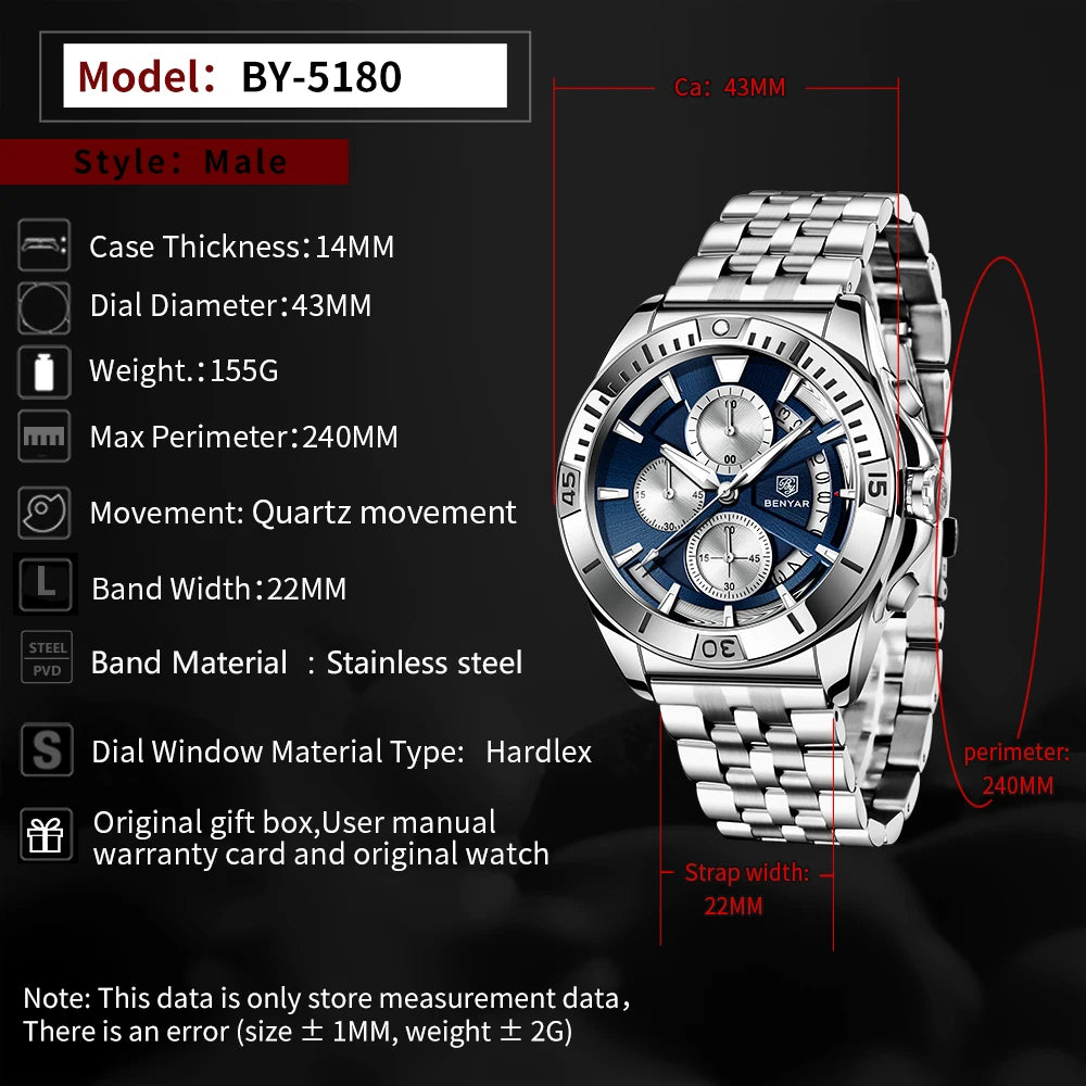 BENYAR Design BY-5180 Watches For Man Chronograph  BLEU