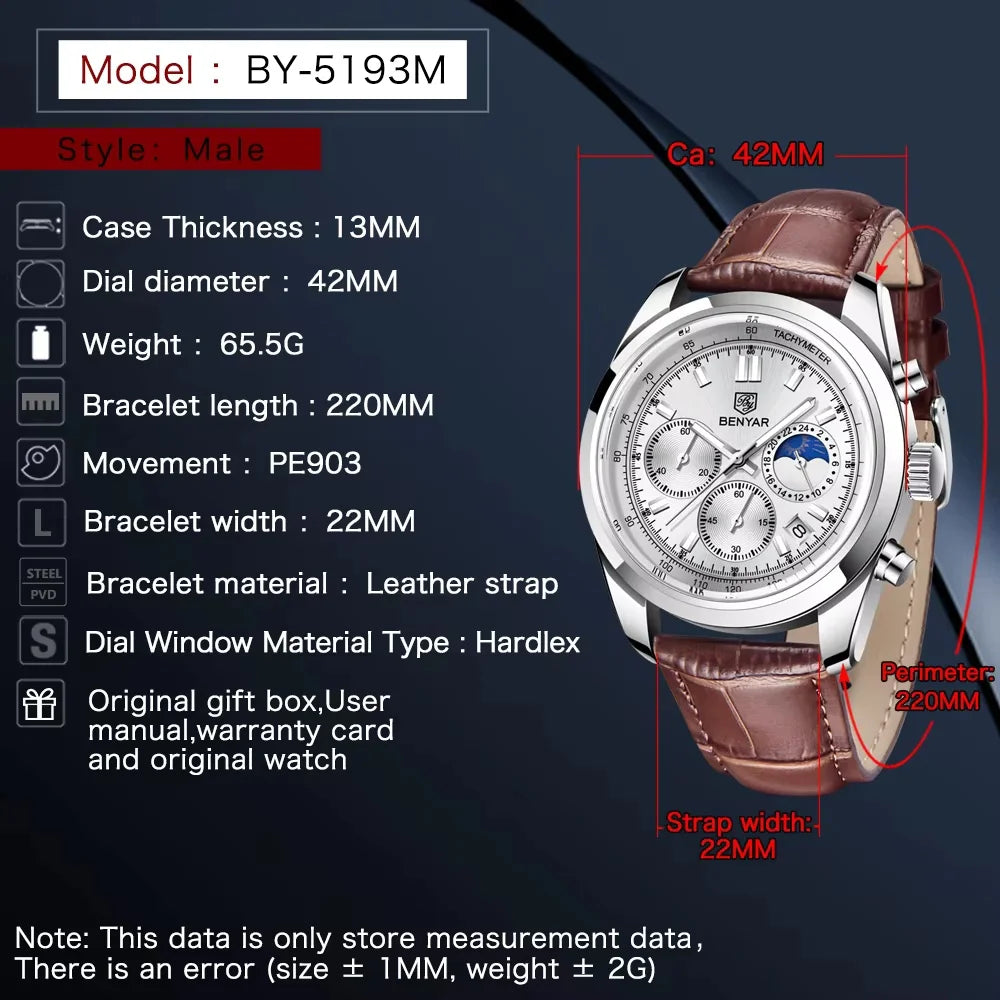 BENYAR BY-5193 New Men Watch 5ATM Waterproof